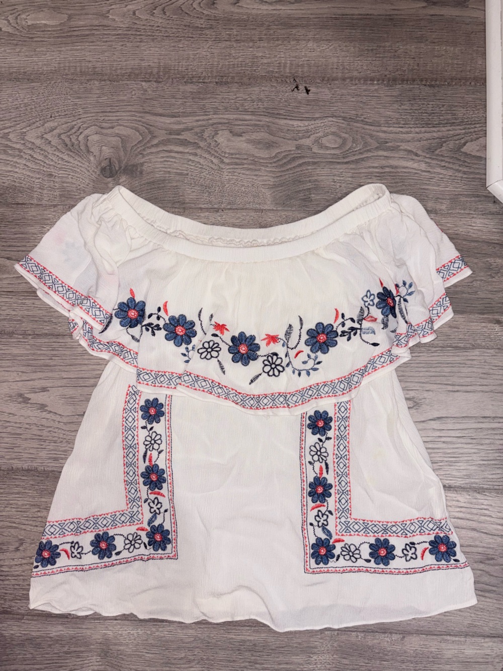 Takara White Off-Shoulder Blouse with Blue and Red Floral Embroidery